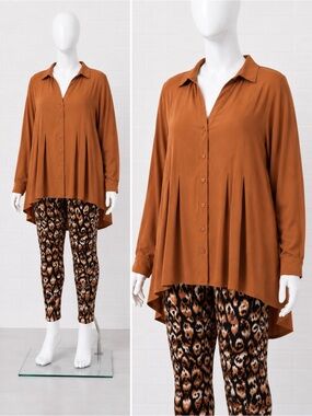 Soft Surroundings Kendall Pleated Big Shirt Brown Button Front Sierra 1X